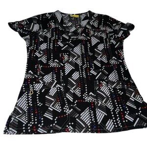WonderWink Womens XS Geometric Print Scrub Top Black & White